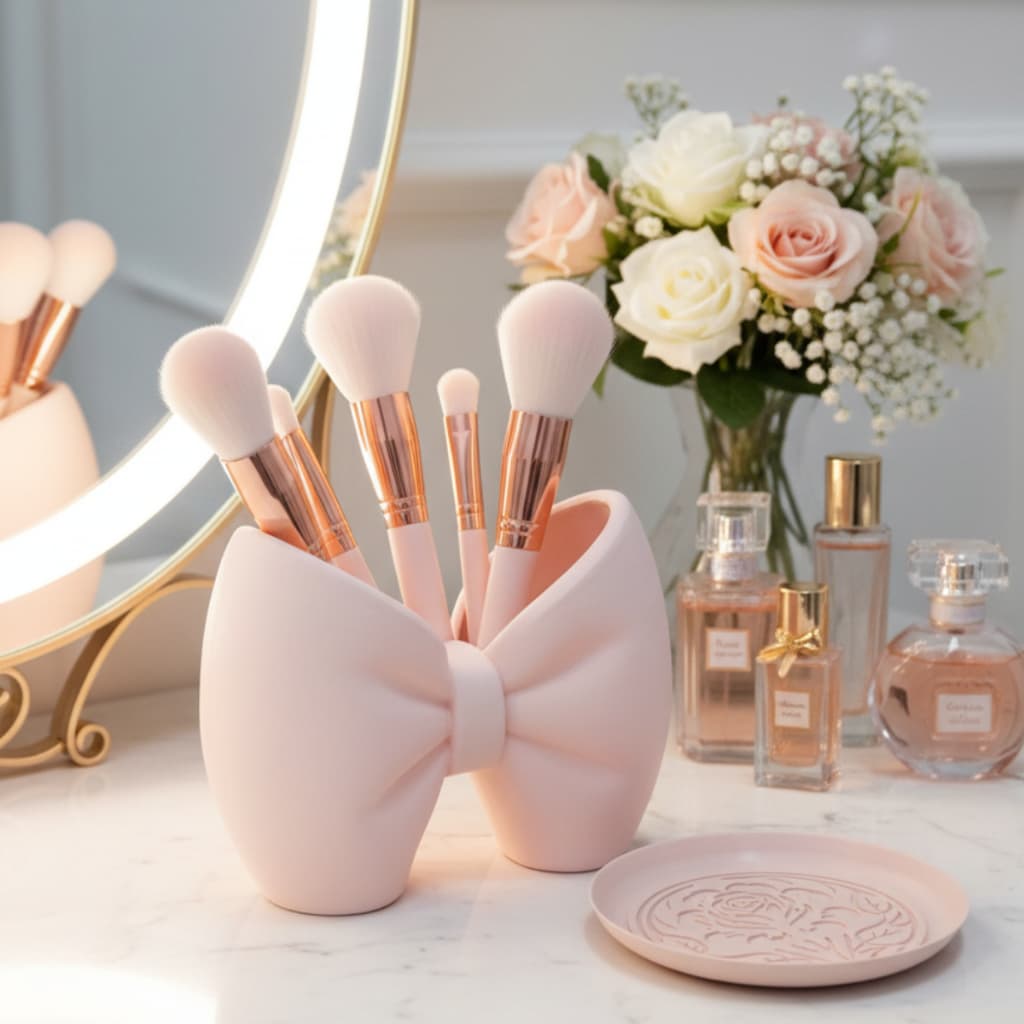 Laço porta pinceis de maquiagem + Bandeja rosa limpa pinceis - porta joias - Kit Premium Laço Grande