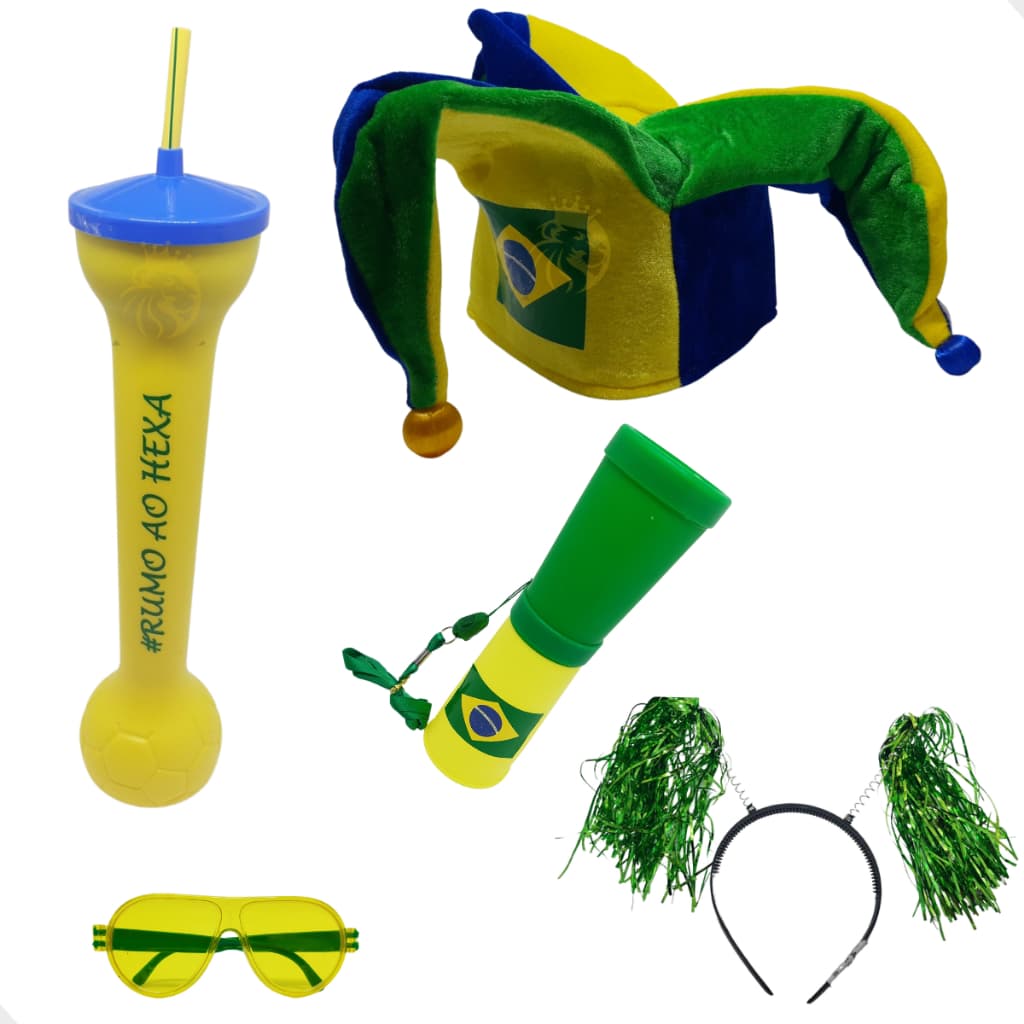 Kit Futebol Torcedor Do Brasil Copa Do Mundo Copo Chapéu Óculos Tiara 5 Peças