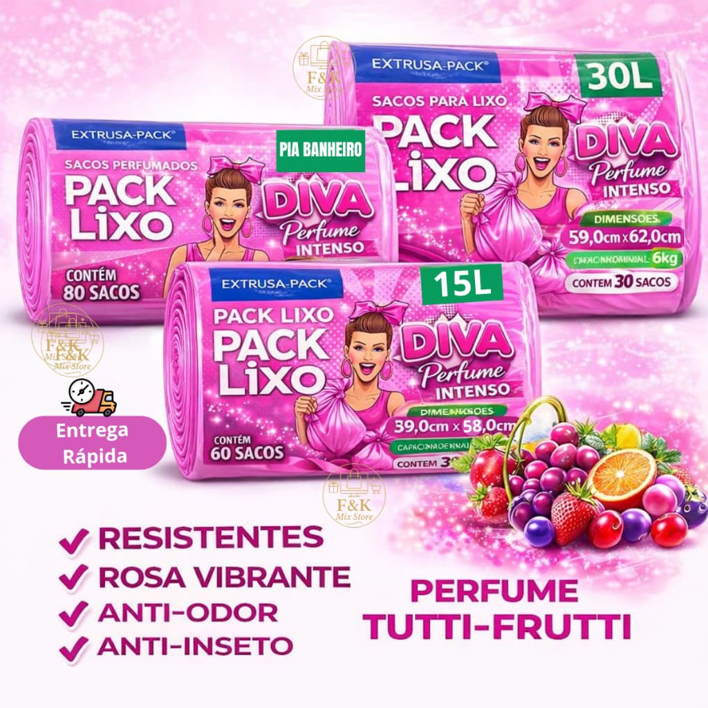 Saco de Lixo Perfumado Rosa Diva TUTTI FRUTI Perfume Intenso Pia Banheiro/15L/30L Neutraliza Odores