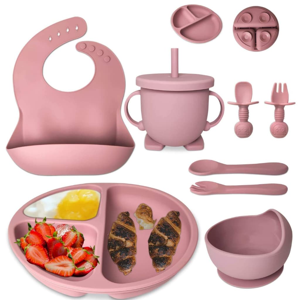 Talheres bebê silicone 8 Peças kit Talheres Infantil Com Ventosa Canudo Colher Babador Garfo Introdução Alimentar