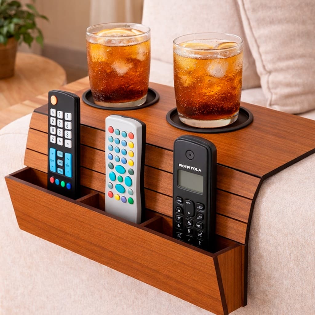 Bandeja Esteira Sofa MDF Porta Copos E Controle Organizador Flexivel Apoio De Braco Suporte Luxo Adaptavel Universal