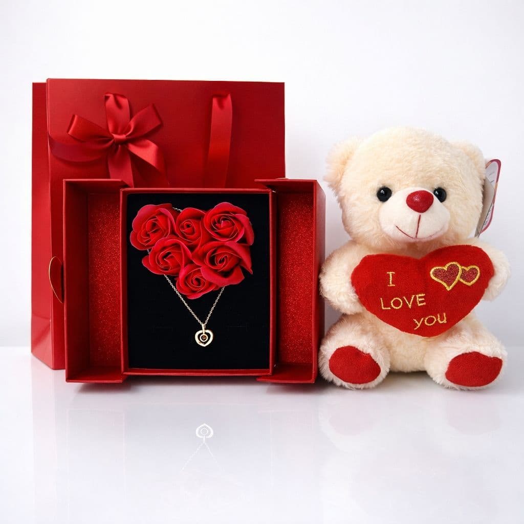 Kit Presente Colar Coração Com Escrita Eu Te Amo  + Caixa Presente + Urso Presente Perfeito