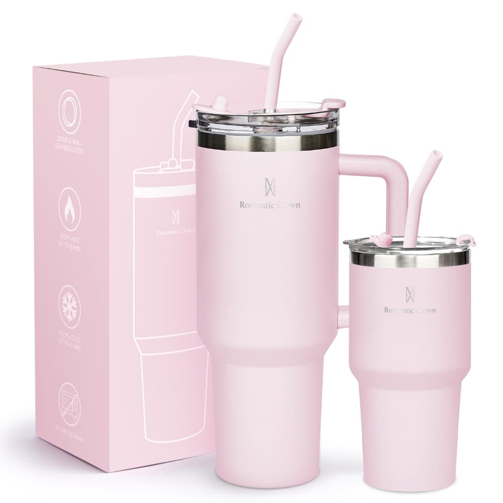 ROMANTIC CROWN Kit 2 Copo Térmico Inox 1200ml/600ml Garrafa Térmica Inoxidável com Tampa e Canudo