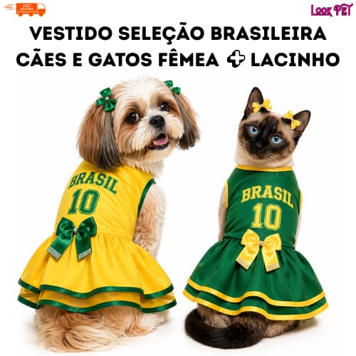 Vestido Brasil para Cachorro 🇧🇷 Roupa Pet Seleção Brasileira Copa do Mundo | Porte Pequeno e Médio