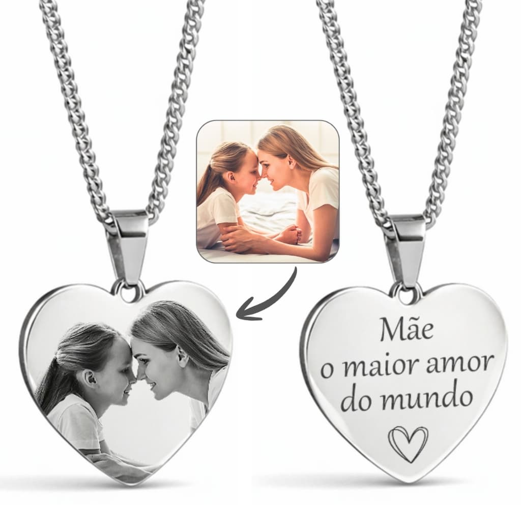 Colar Coração Personalizado com Foto Gravada a Laser Aço Inox Presente Dia das Mães