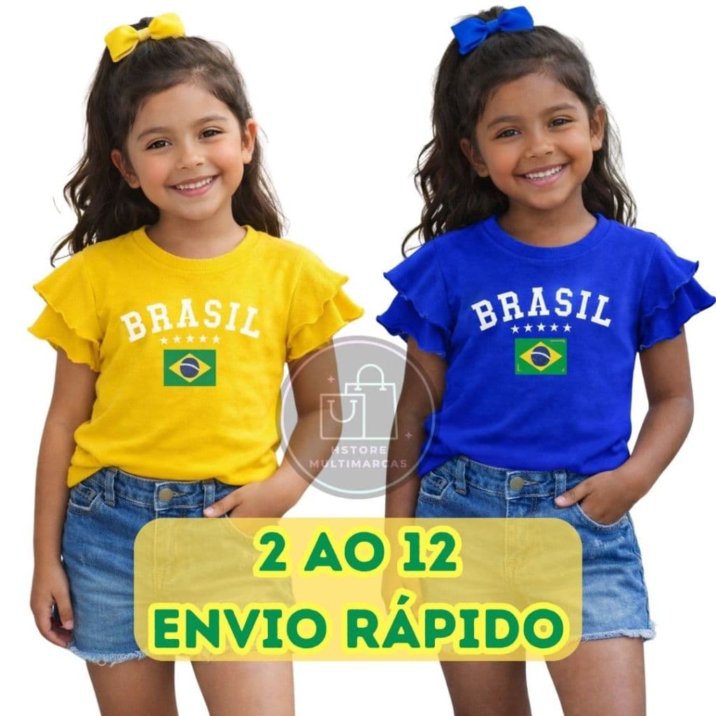 Blusa Infantil Brasil Menina 4 ao 12 Blusa Babado Infantil Menina / Moda Blogueirinha Camiseta Camisa Brasil Copa