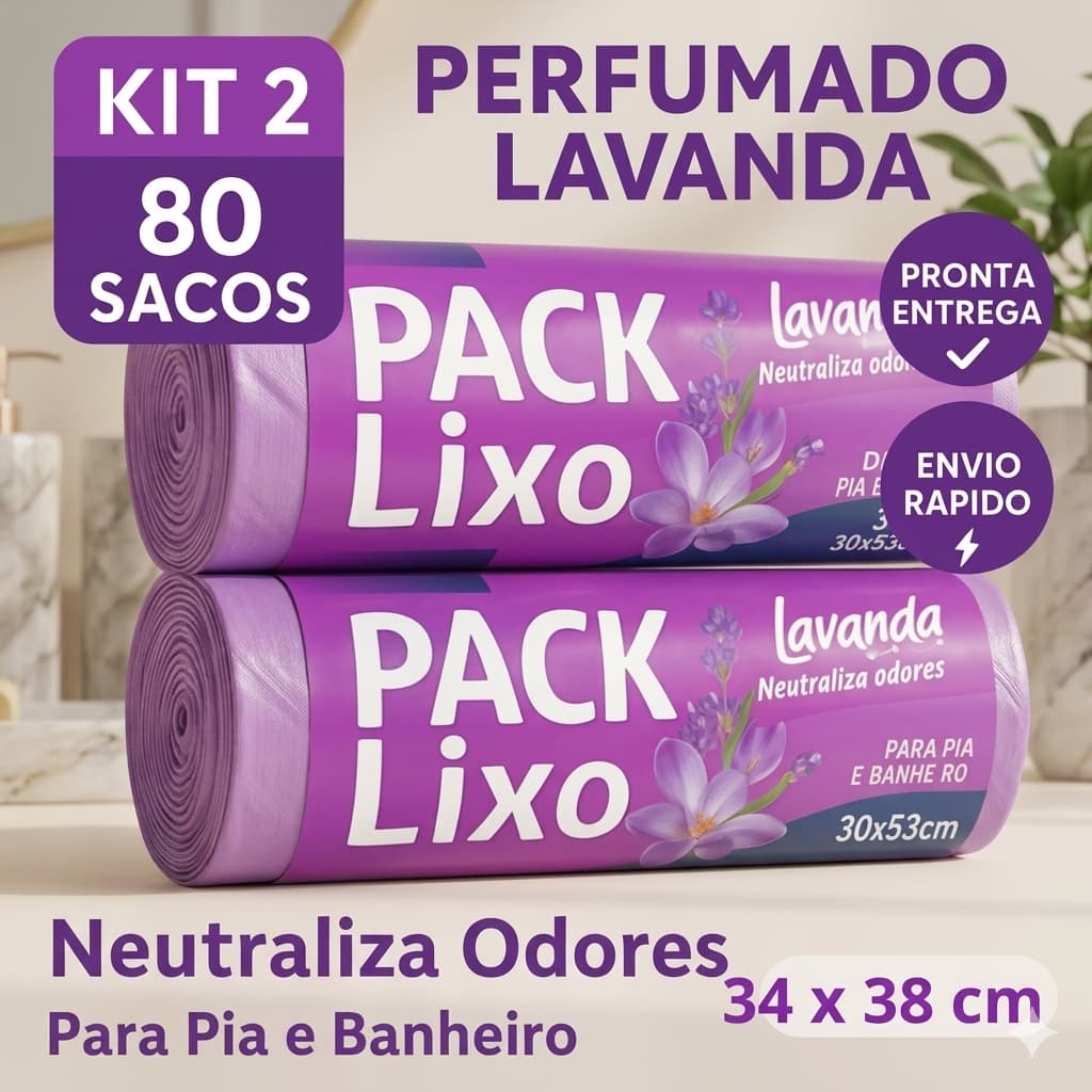 KIT 2 Sacos de Lixo Perfumado Lavanda 80 Unidades Neutraliza Odor Banheiro Pia 34x38cm