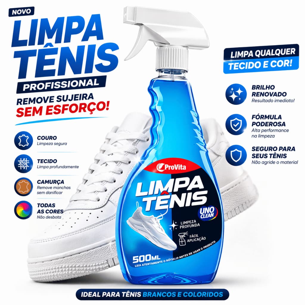 Limpa Tênis À Seco Spray Premium Provita 500ml Remove Sujeira Pesada Calçado Solado Branco Colorido