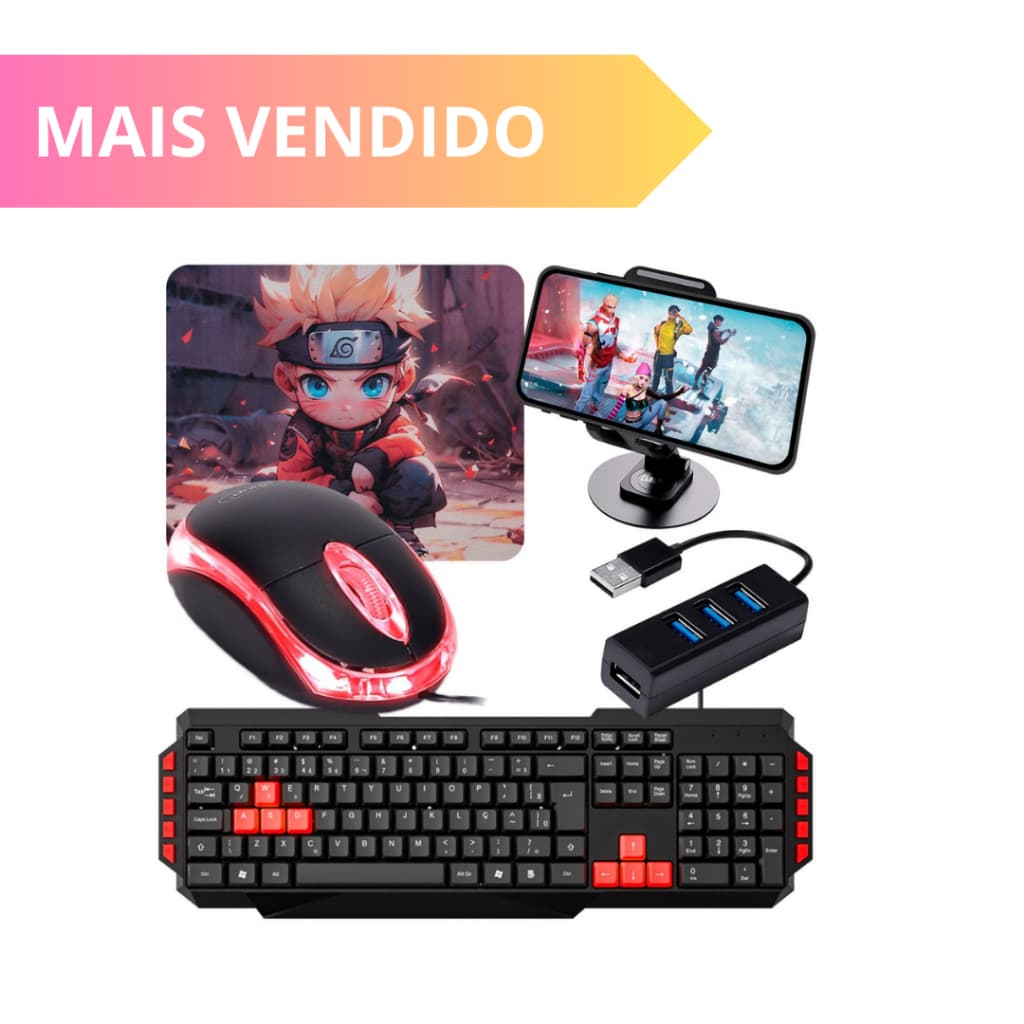 Kit Gamer Celular com Teclado ABNT2, Mouse Óptico e Suporte | Tipo C ou V8