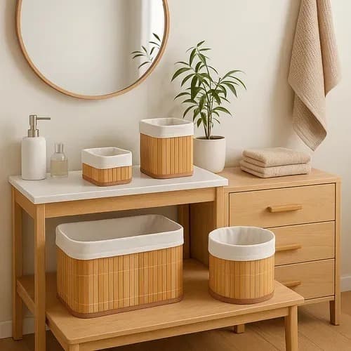 Kit  4 Cestos de Bambu Retangular Organizadores com Forro Banheiro Lavanderia Decoração Cosmeticos Pequeno Grande