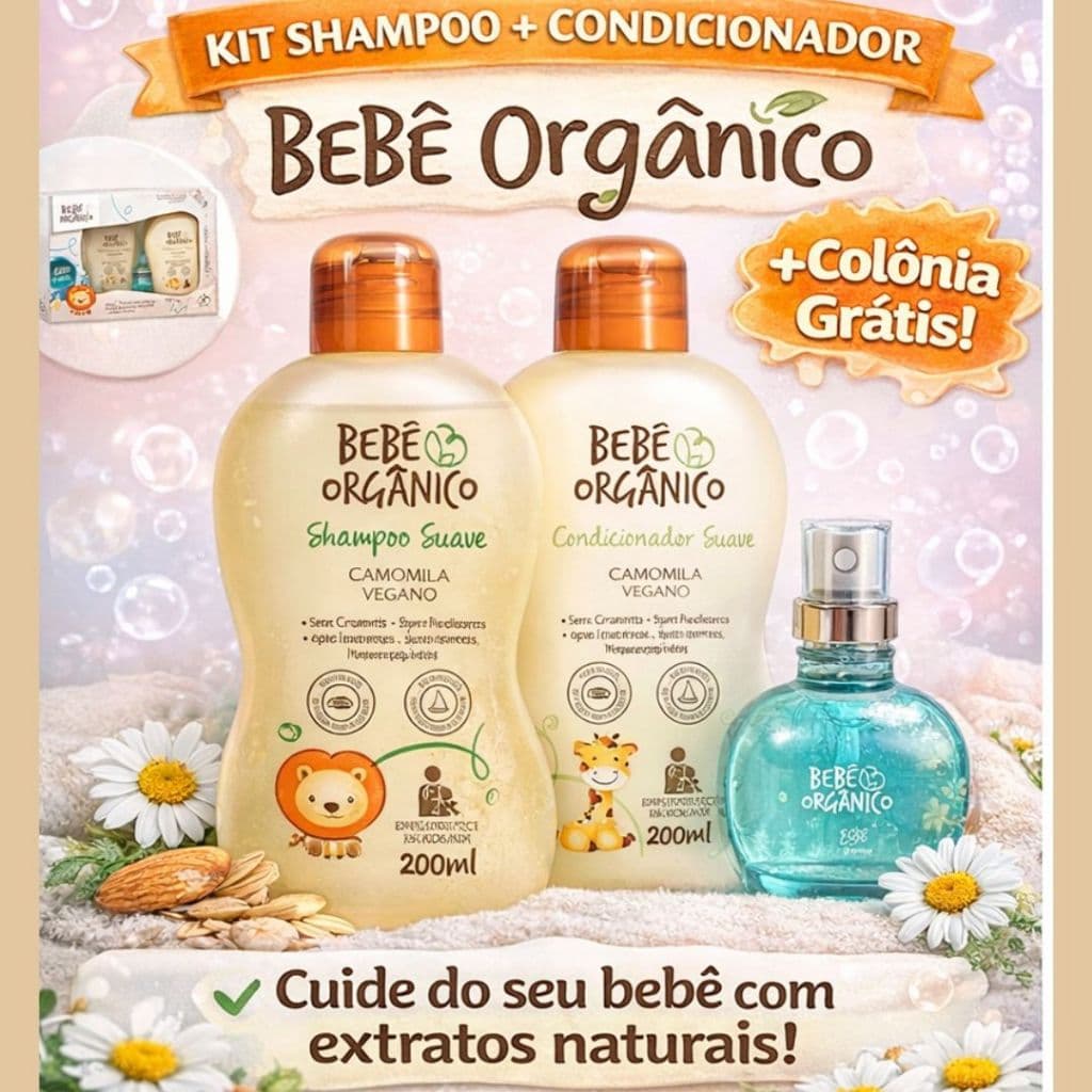 Kit Shampoo + Condicionador + Colônia Vegano Bebê Orgânico | Hipoalergênico e Natural