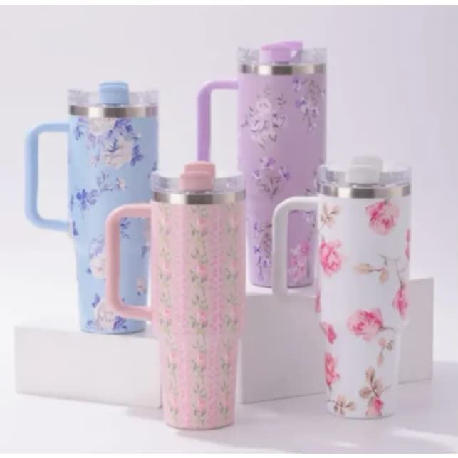 Garrafa 1200ml Térmica Estampa Floral Capinha Silicone Na Base + Tampa Para Canudo