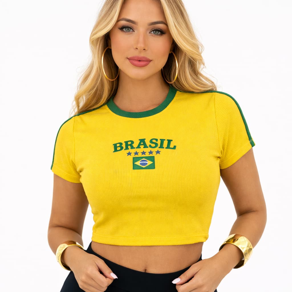 Cropped Brasil Feminino Torcedora Copa Canelado Bordado Manga Curta Verde Amarelo Tendencia