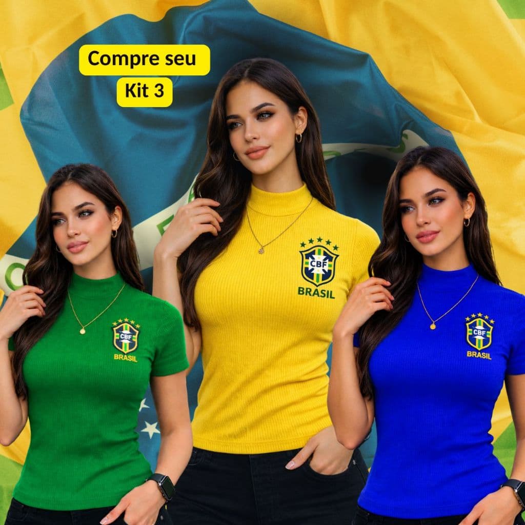 Kit 3 Blusas Feminina Cores Brasil Copa Gola Alta Canelada Manga Curta Elegante Confortável