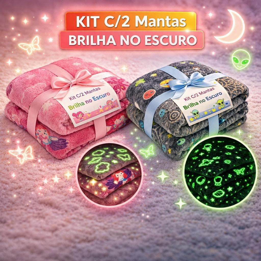 Kit 2 Cobertor Manta Brilha no Escuro Neon Infantil 2,00x1,80 Varias Estampas