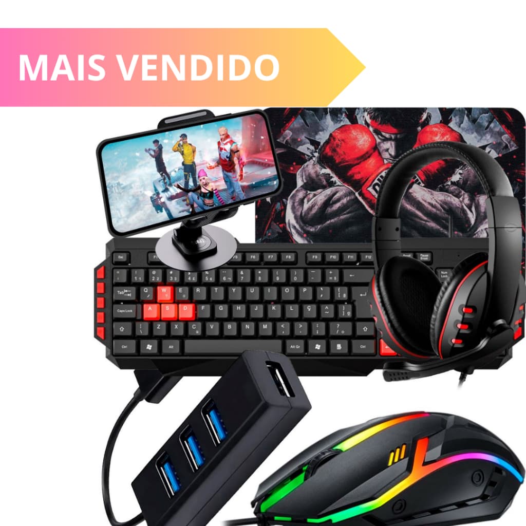 Kit Gamer Completo Celular com Headset, Teclado, Mouse e Hub USB | Tipo C ou V8