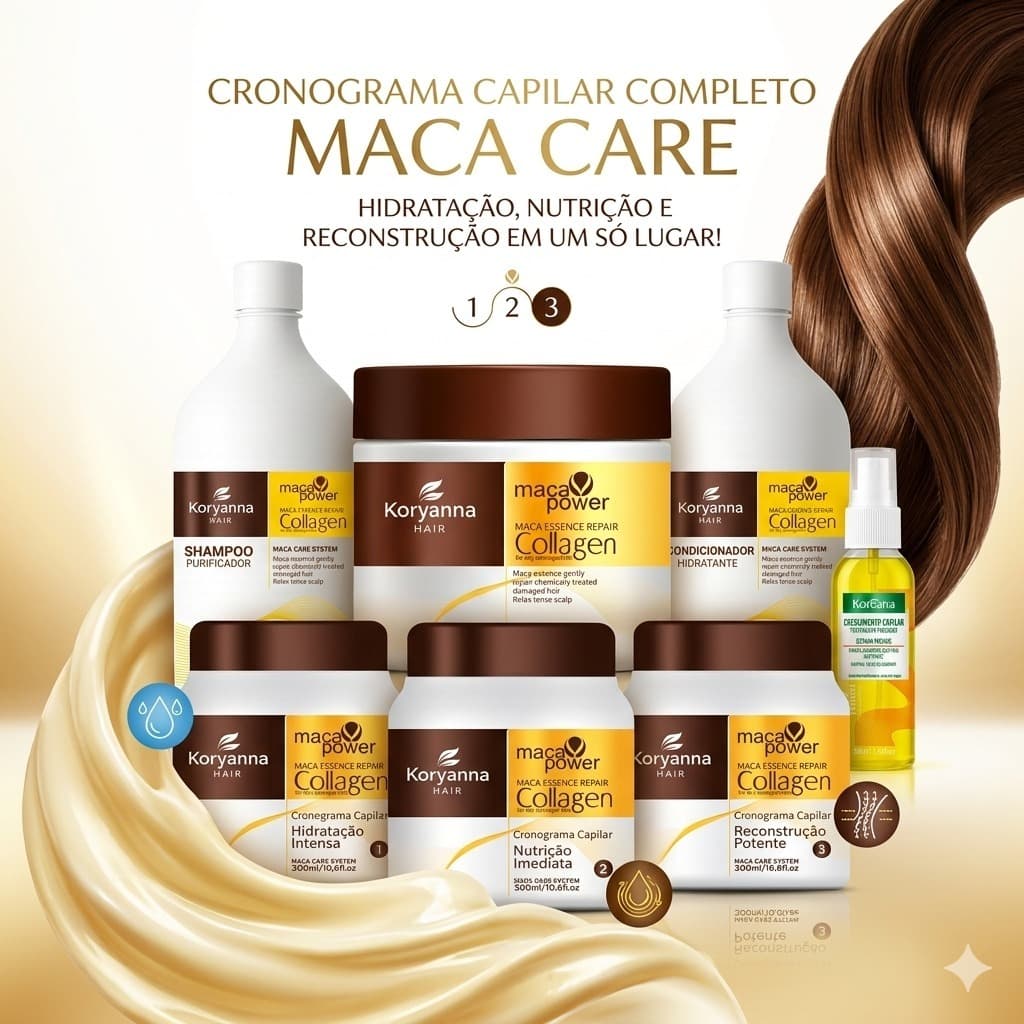 Kit Maca Power Completo com 7 Produtos – Cronograma Capilar + Máscara 500g, Shampoo 1L, Condicionador 1L  Reparador 50ml