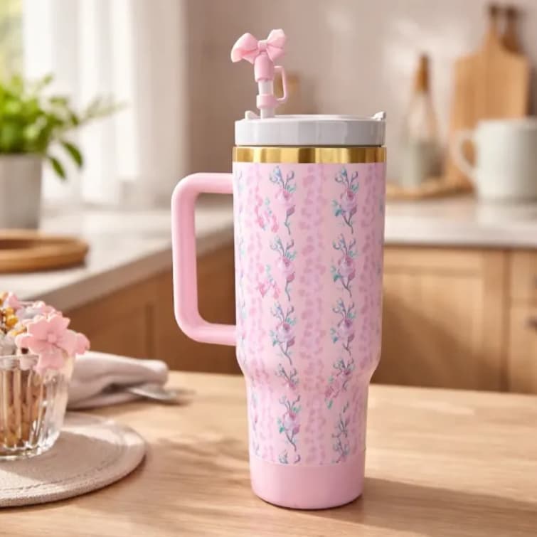 Garrafa 1200ml Térmica Estampa Floral C/ Capinha Silicone Na Base + Tampa Para Canudo