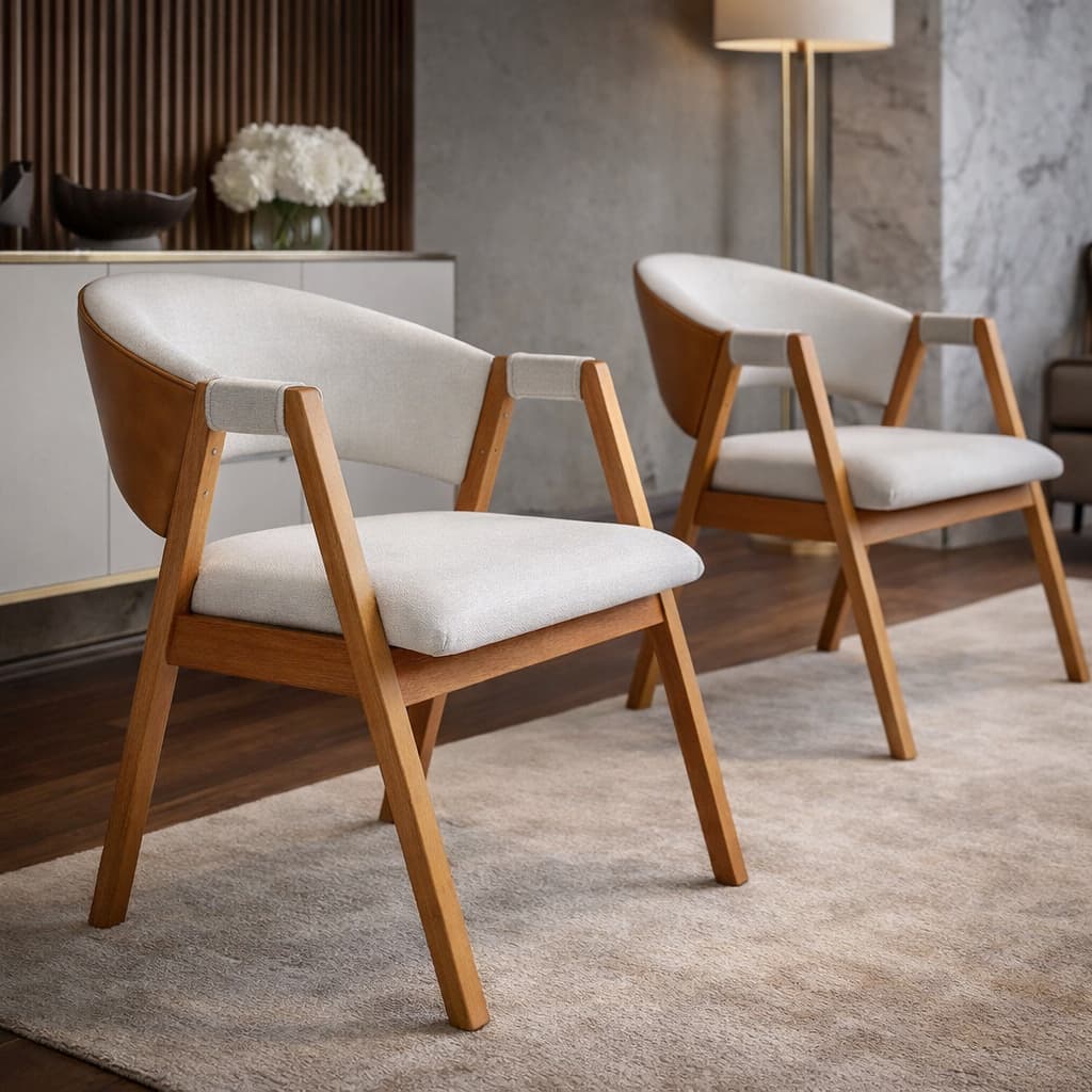 Poltrona Cadeira em Linho Jantar Design Moderno Concha, Madeira Maciça Conforto Premium