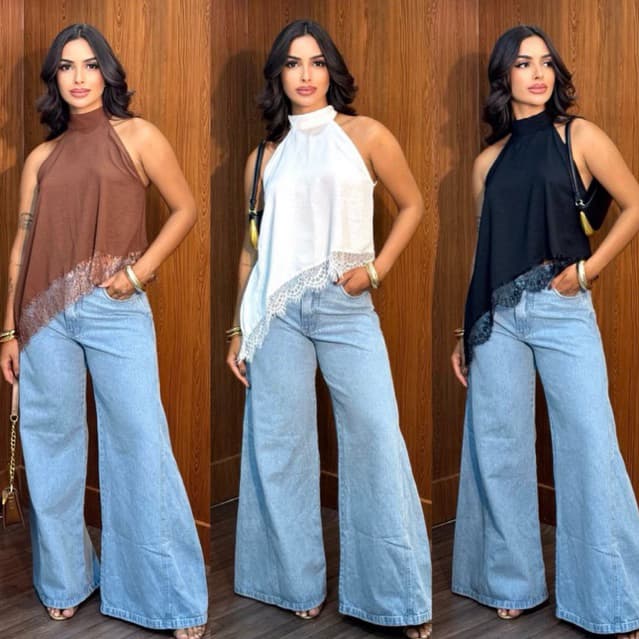 Blusa Feminina Gola Alta Assimétrica  Frente Única Com Renda Bata Elegante Tendência Inverno