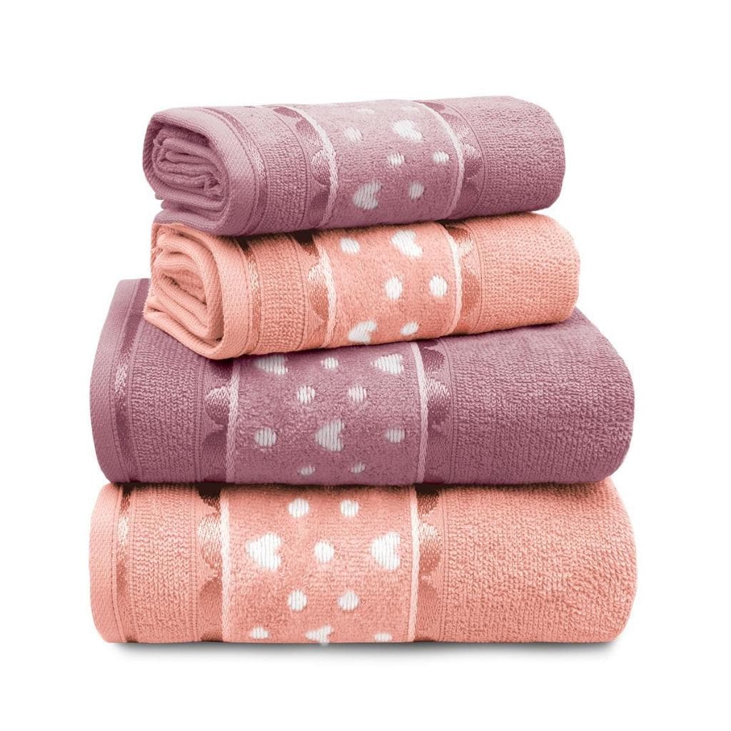 Jogo/Kit 2 Toalhas Banho + 2 Toalhas de Rosto Algodão Grande Grossa 340g/m² Coração Charme Appel