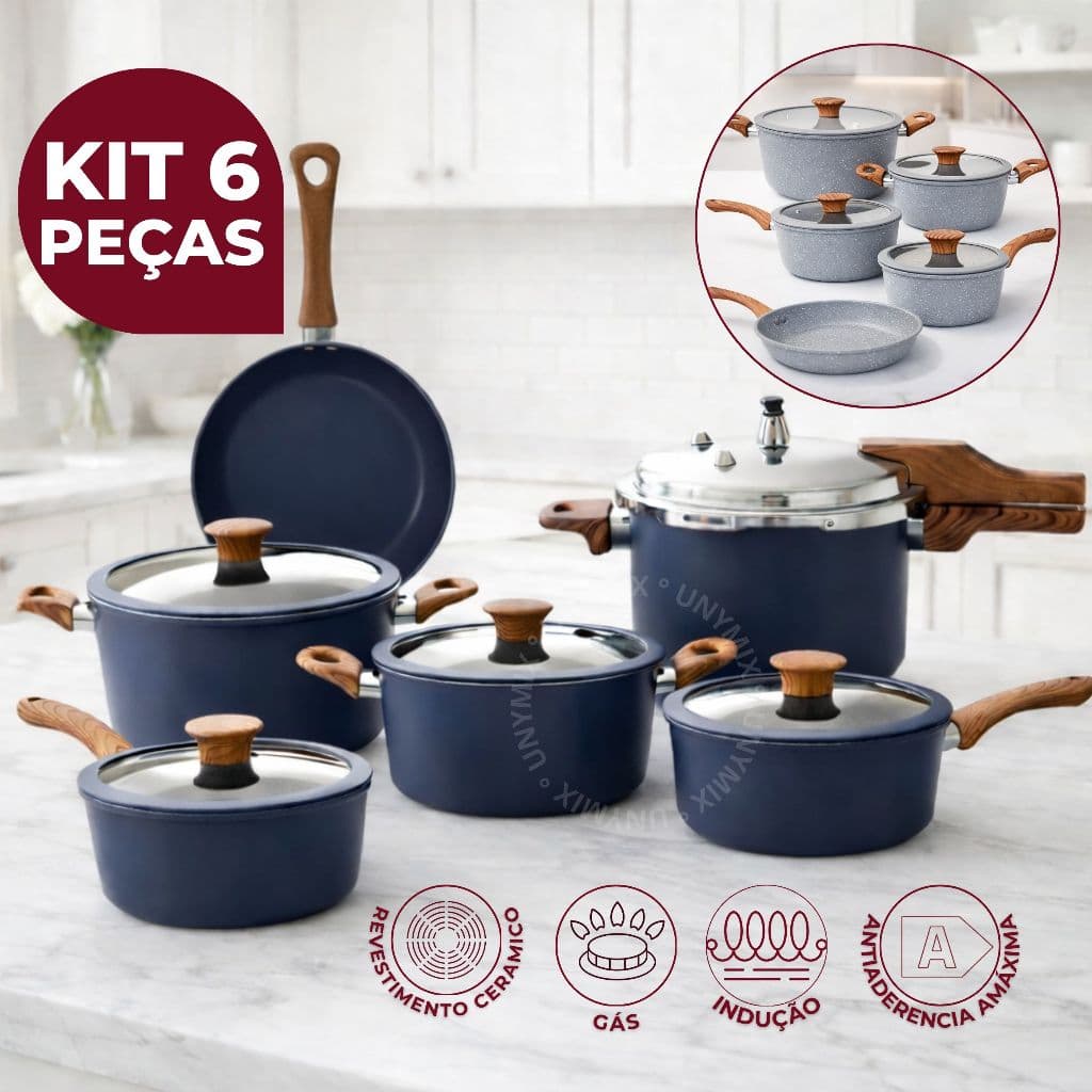 Conjunto 6 ou 5 Panelas Com Panela de Pressão Cerâmica Antiaderente Indução e Fogão à Gás