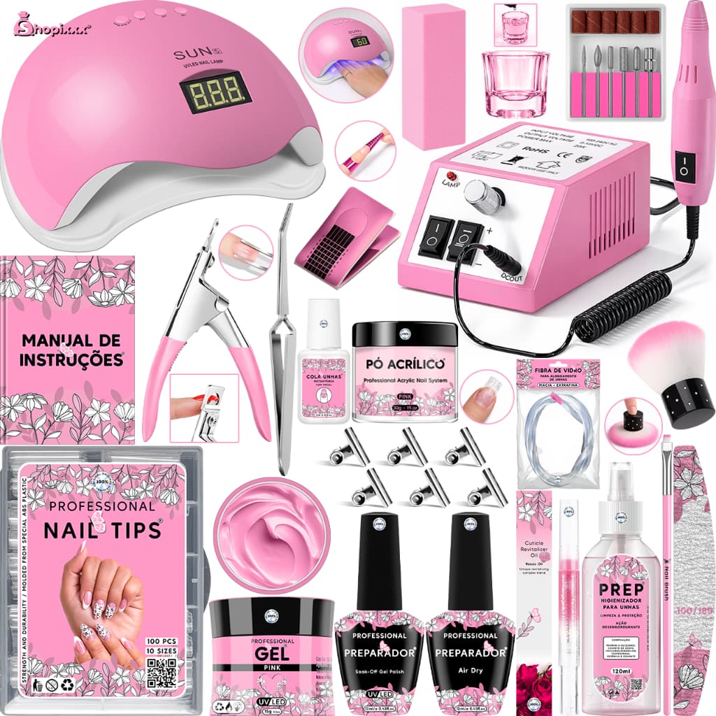 Kit Unha Gel Completo Lixadeira Elétrica Cabine Sun 5 Alongamento Unhas Tips Copo Dappen Fibra Prep