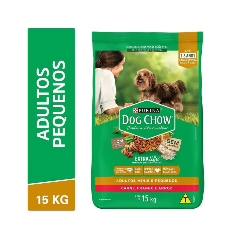 Ração Dog Chow Extra Life Carne Frango e Arroz Cães Adultos Raças Minis e Pequenas 15kg