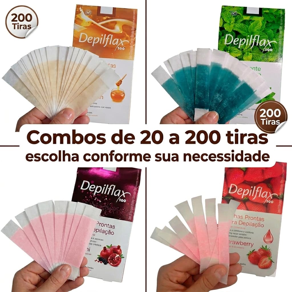 200 tiras (100 duplas) cera para Sobrancelhas facial Depilflax Original Sortidos Morango Hortela Mel