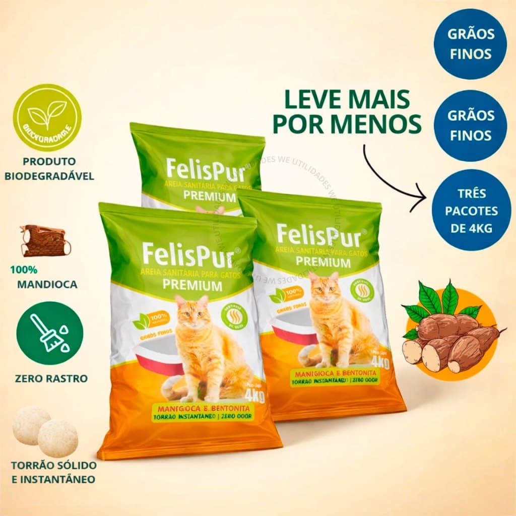 Areia Gato Biodegradável 12kg Mandioca Higiênica Grãos Ultra Finos Natural Rendimento Baixo Odor