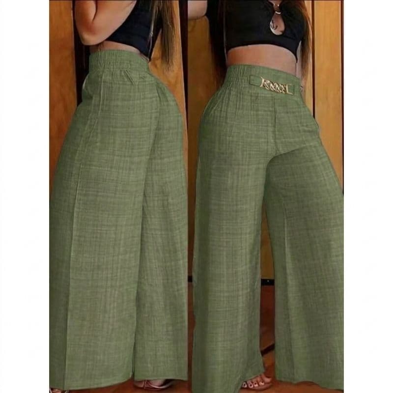 Calça Pantalona De Linho Com Cinto Fake e Cintura Alta e Bolsos