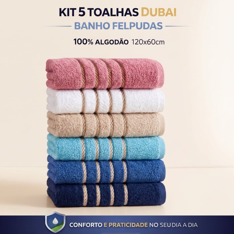 Kit 5 Toalhas Dubai Banho Felpudas 100% Algodão 120x60cm Dia a Dia
