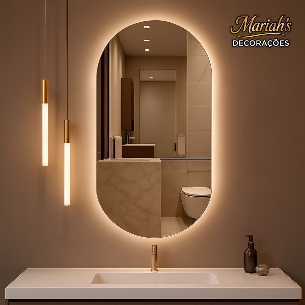 Espelho Oval com LED Moderno Luz Quente e Fria para Banheiro e Quarto Decorativo