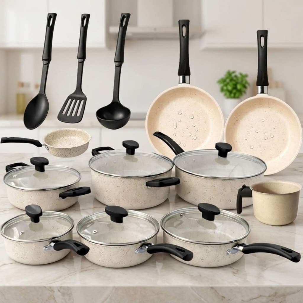 Jogo de Panelas 13 Peças Vanilla Marfim Antiaderente Kit Caçarola Frigideira Fervedor Talheres Conjunto Mesa Posta