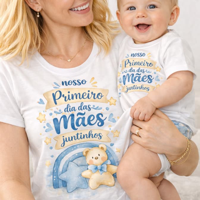 Kit Dia das Mães Mãe e Bebê Camiseta + Body Combinando Primeiro Dia das Mães Arco ìris Presente Mamãe