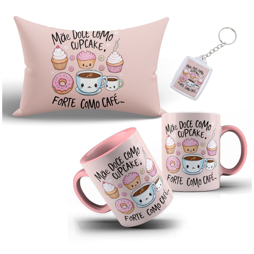 Kit Personalizado Mãe Doce com Caneca, Almofada e Chaveiro Dia das Mães