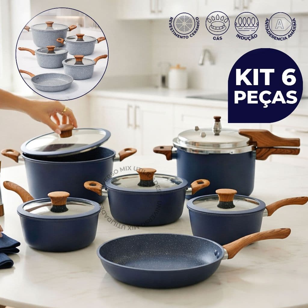 Jogo de Panelas até 6 Peças com Panela de Pressão Cerâmica Antiaderente Fogão a Gás e Indução