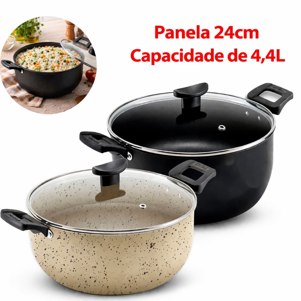 Panela Caçarola 24cm de 4,4 Litros Grande Para Cozinha Antiaderente Reforçada Tampa Vidro Temperado