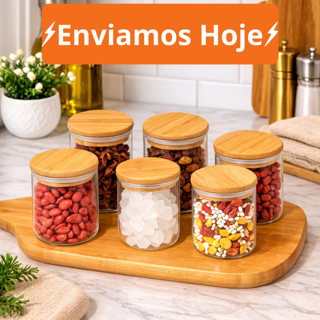 Kit Ate 12 Pote de Vidro com Tampa Bambu 200ML Potes Herméticos Porta Mantimen Hermético à Prova  Odores