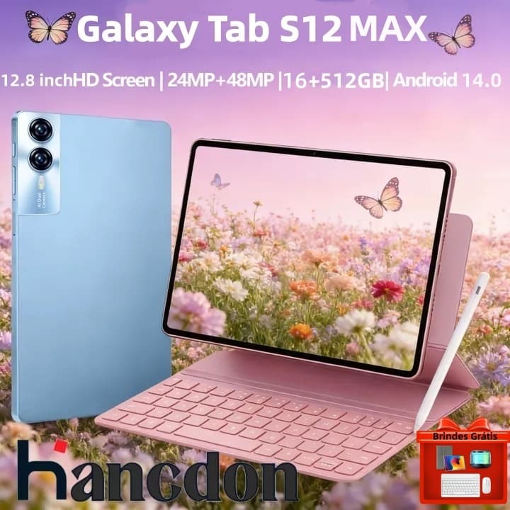 Tablet Hancdon Galaxy Tab S12 MAX 12.8" HD 48MP +24MP 16GB + 512GB Android 14 Bateria 8800mAh Som Teclado e mouse grátis