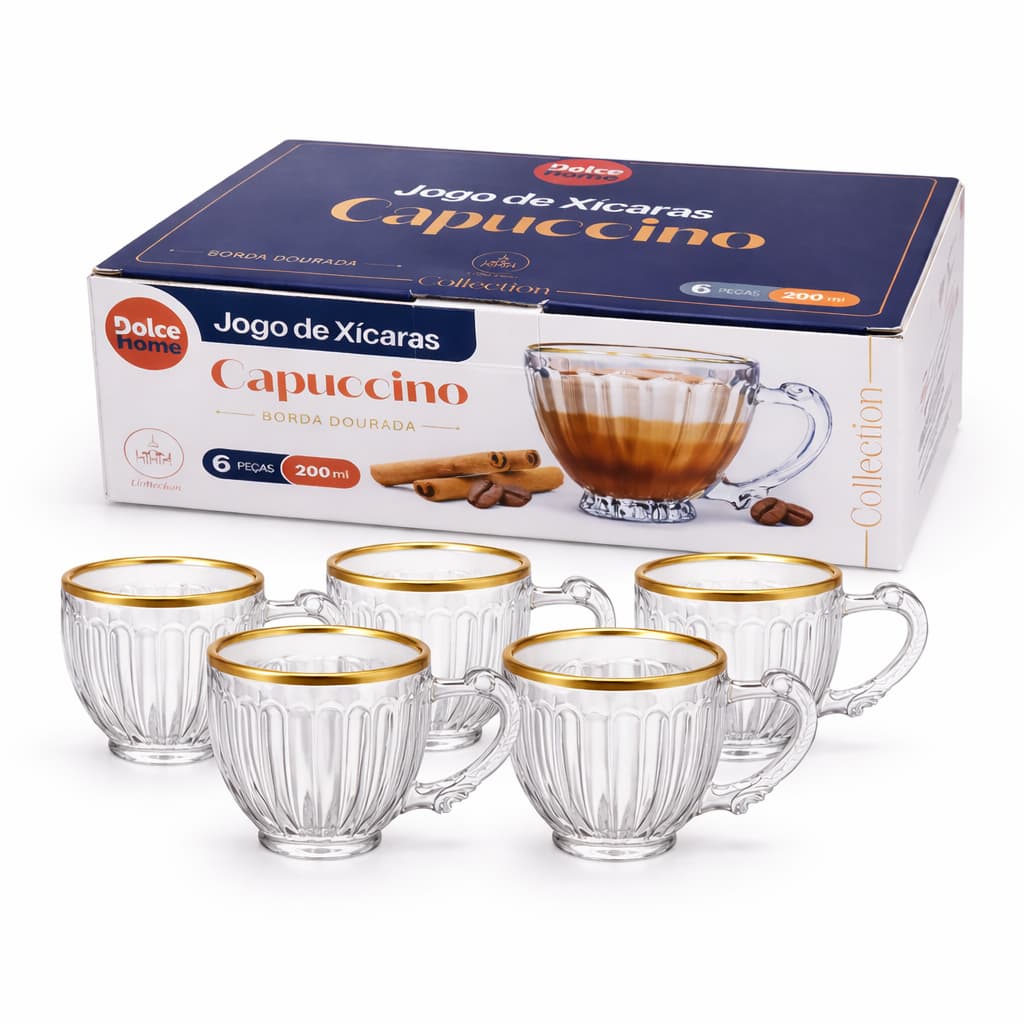 Jogo De 6 Xícaras Capuccino 200Ml Borda Dourada Linha Mesa
