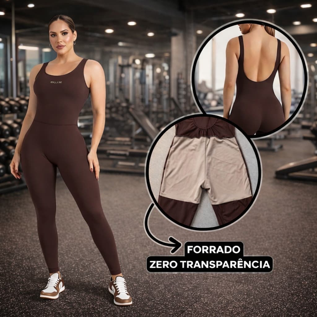 Macacão Fitness Forrado Feminino Longo Roupa de Academia com Costas Abertas Zero Transparência