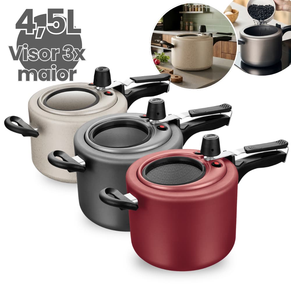 Panela de Pressão 4,5L Antiaderente com Visor de Vidro na Tampa Superior Grande Grafite/Cereja MTA