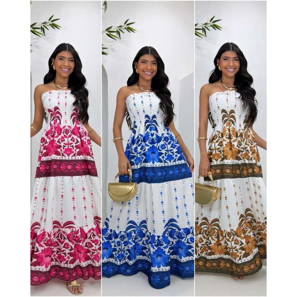 Vestido Longo Estampado Feminino Tomara que Caia Tropical Verão Elegante Moda Praia
