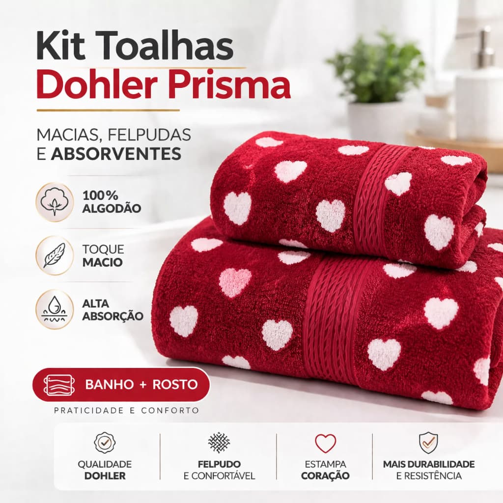 Kit Toalhas Banho Rosto Dohler Prisma Algodão Felpudo Estampado Coração Alta Absorção