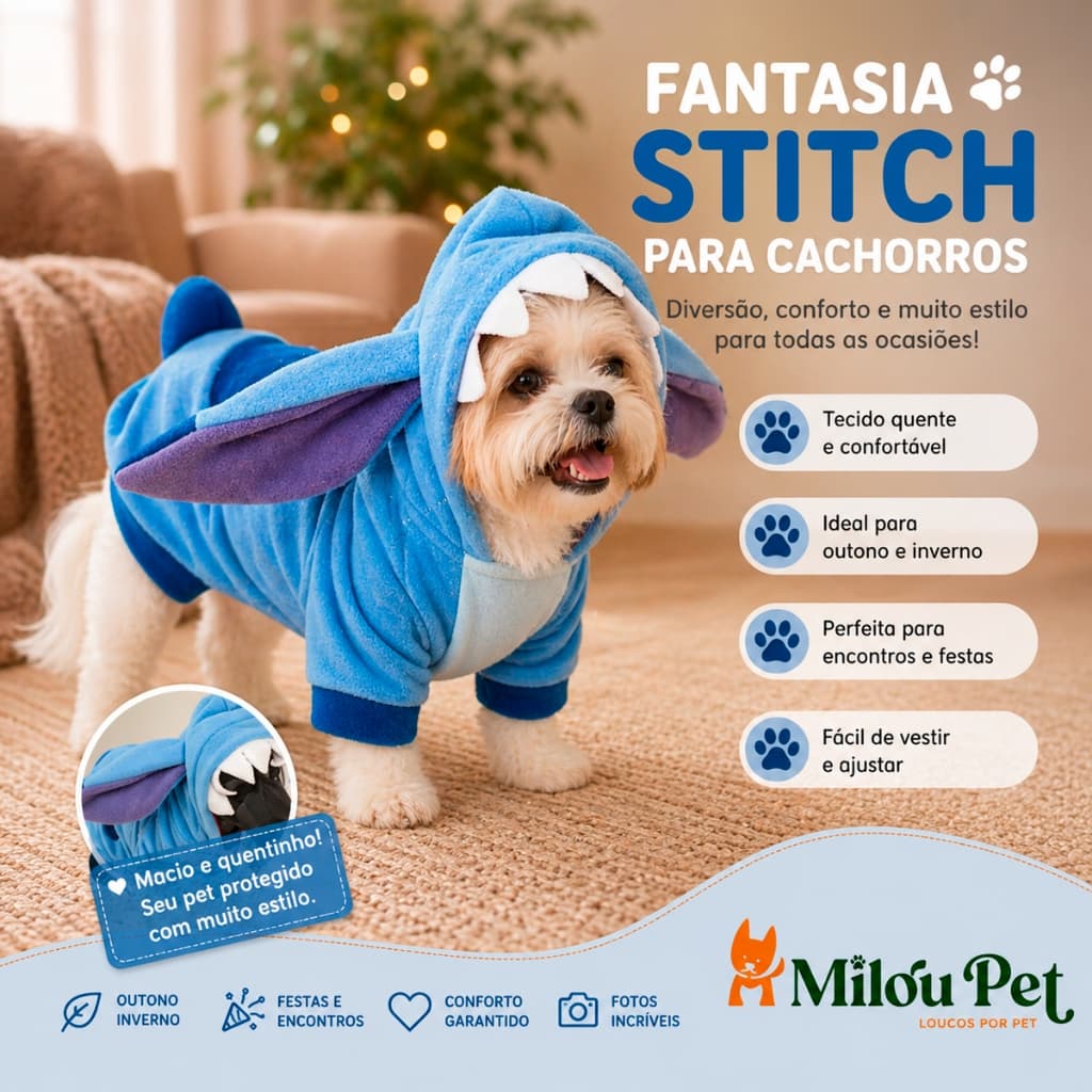 Fantasia Milou Pet Roupa Kigurumi Soft Frio Cão - Stitch
