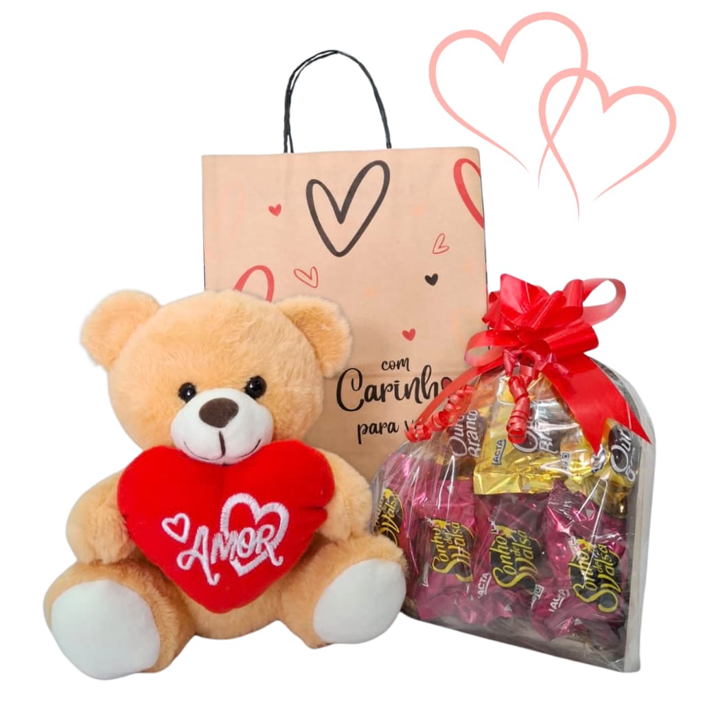 Cesta/Kit Presente - Urso, Coração MDF e Chocolates - Dia das Mães/Aniversário/Dia dos Namorados