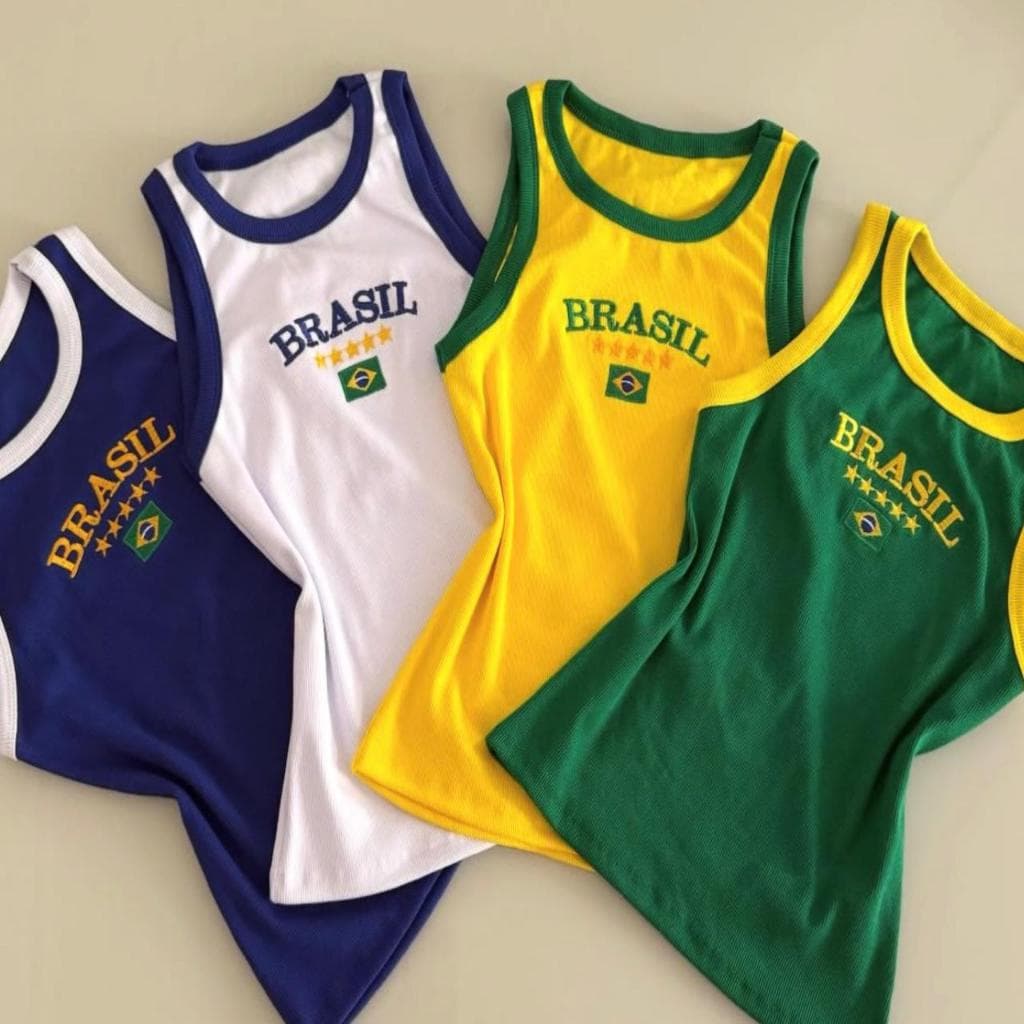 Regata Brasil Feminina Canelada Bordada 🇧🇷 Blusa Brasil Copa Estilo Fitness Moda Verão Casual com Bandeira