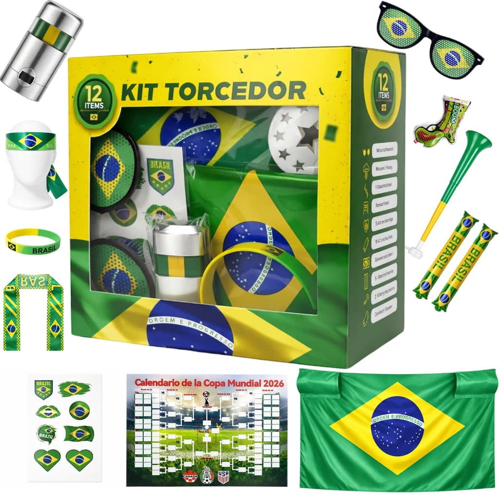 Combo Torcedor Bandeira Copa 2026 Adesivo Trompete Pintura Facial Bandeira Brasil Adesivo Vuvuzela