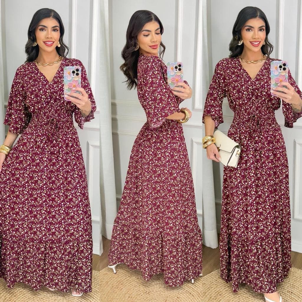 Vestido Longo Feminino Estampado Floral Manga Flare Decote V Elastex Elegante Moda Verão